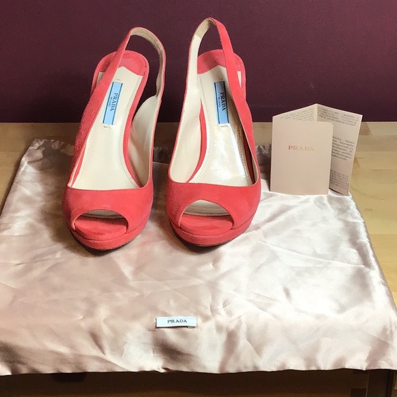 Authentic Prada Size 38 Like New With Box Suede Peep Toe Sling Back in Coral - Picture 3 of 5